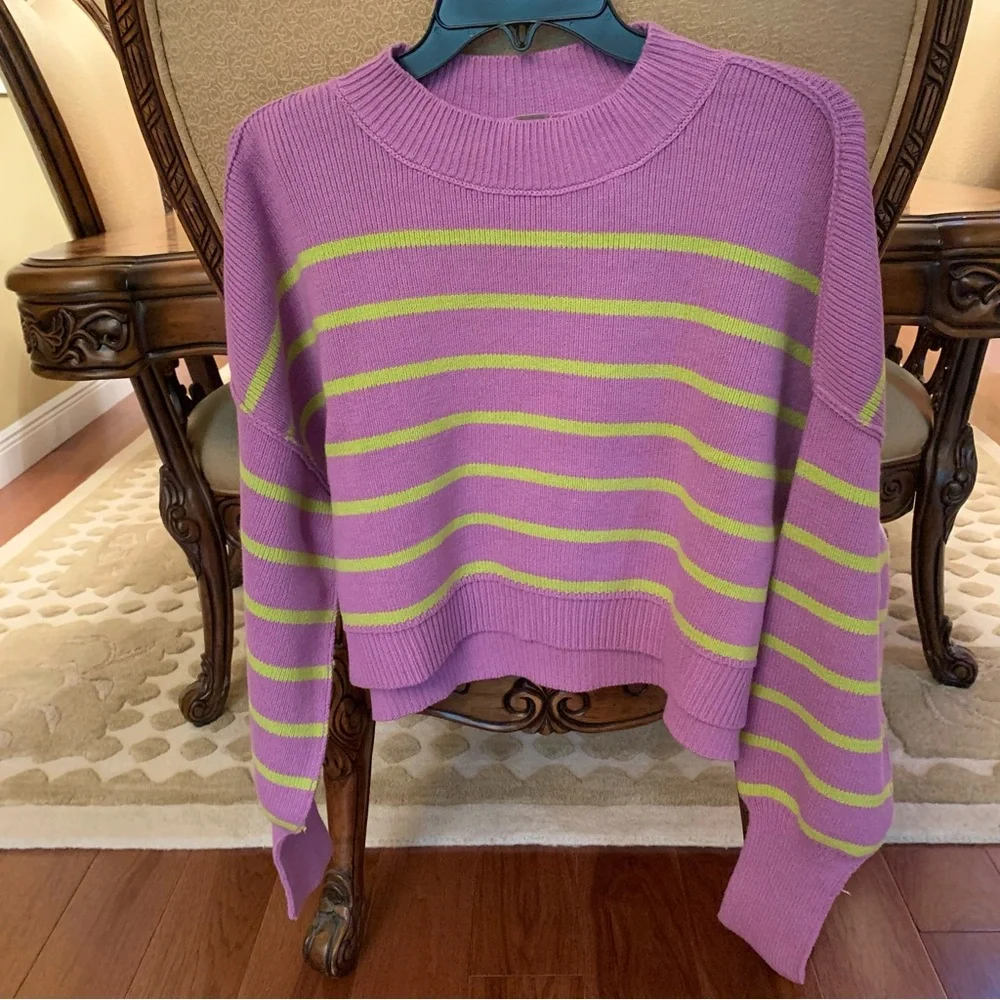 NWT Free People‎ Easy Street Stripe Print Mock Neck Long Sleeve Cropped Pullover